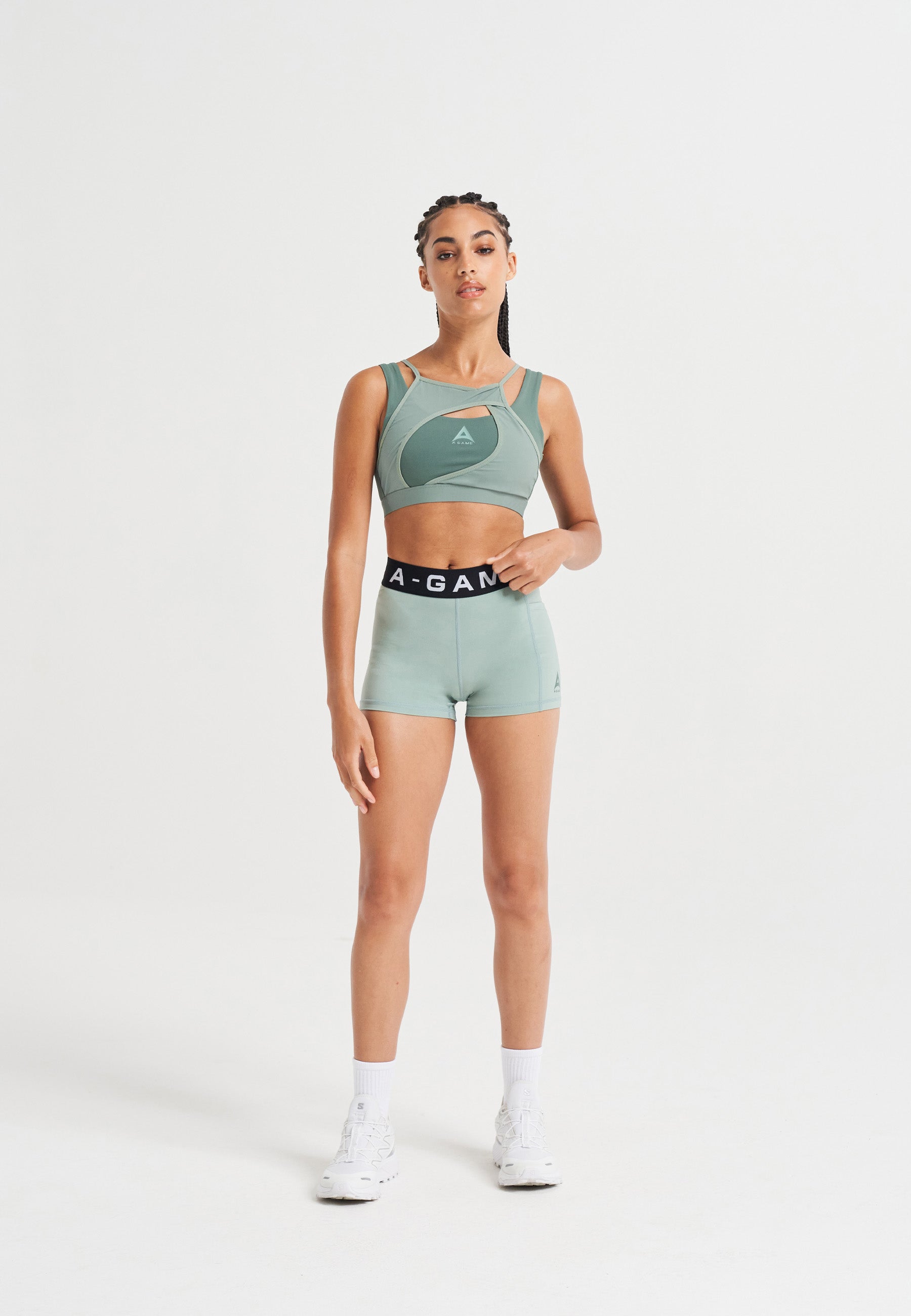WOMENS A-GAME LAYERED SPORTS BRA - MINT GREEN/DARK GREEN