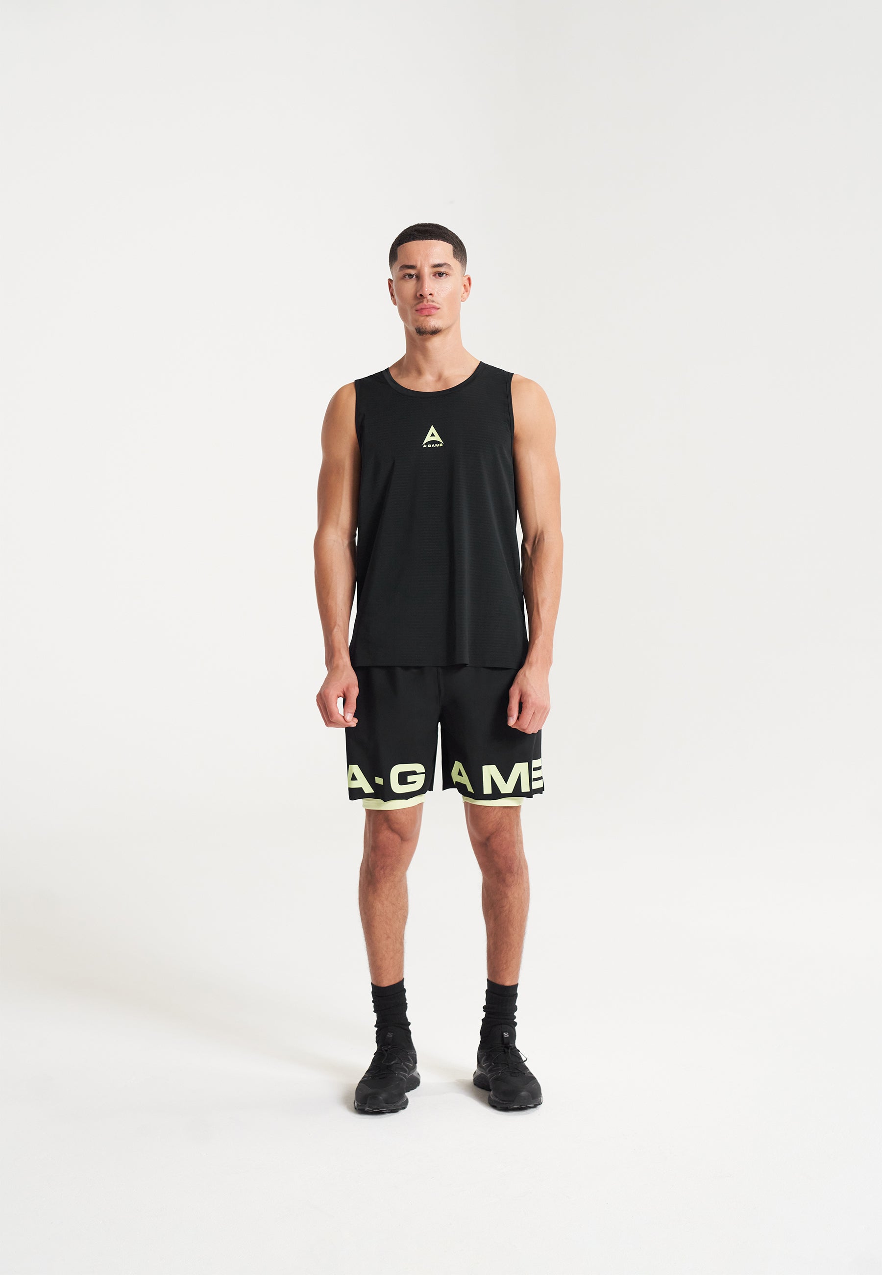 MENS A-GAME 2 IN 1 TRAINING SHORTS - BLACK/LIME