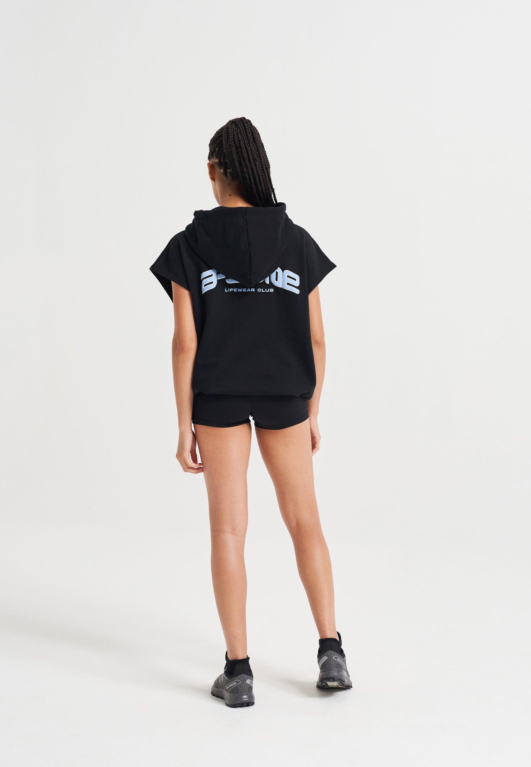 WOMENS A-GAME ROTATE LOGO CROPPED SLEEVELESS HOODIE - BLACK