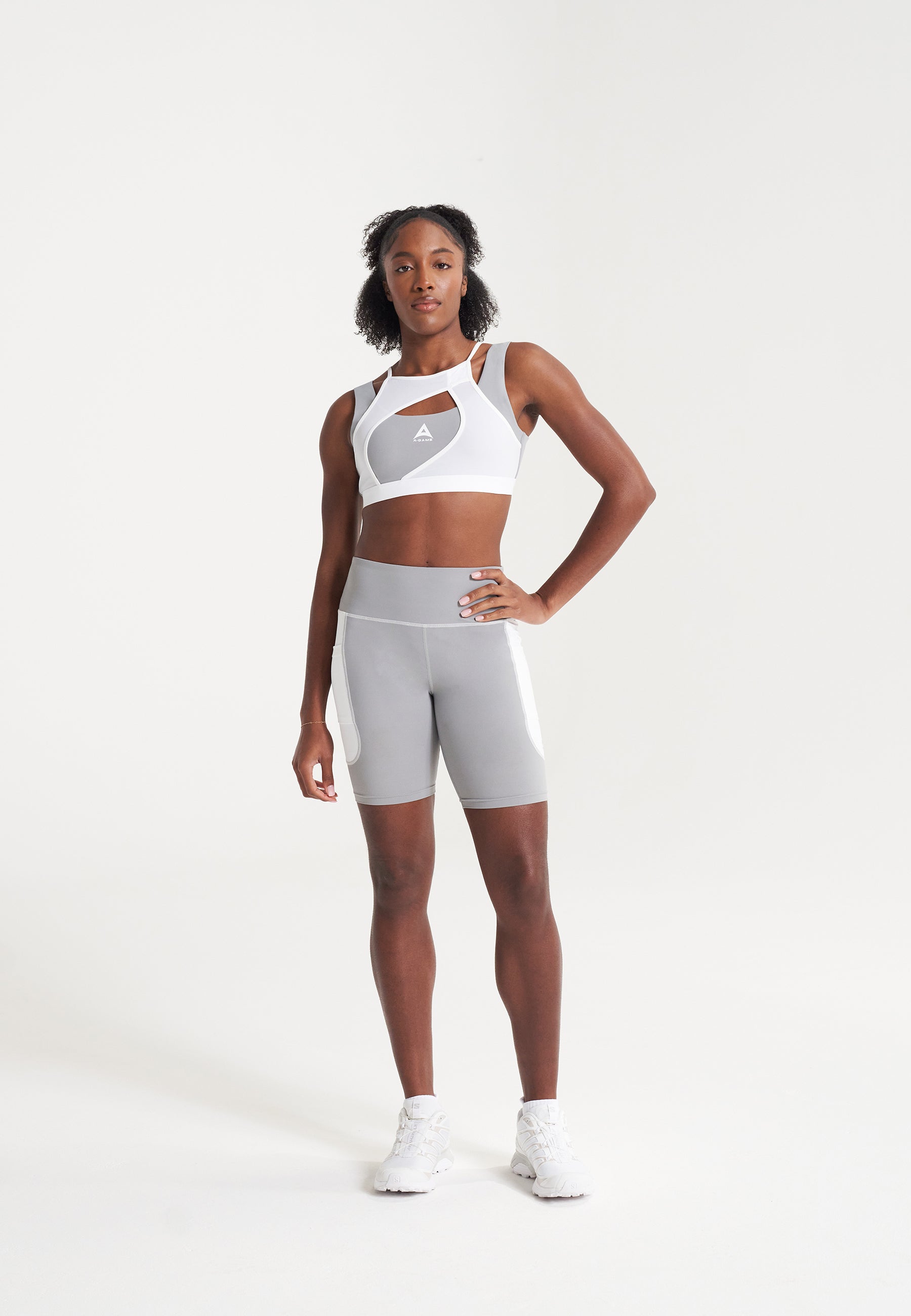 WOMENS A-GAME HIGH RISE BIKER SHORTS - WHITE/GREY